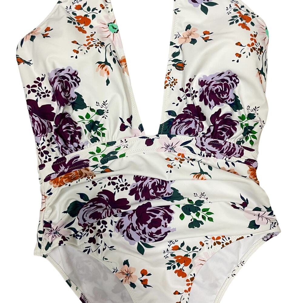 Cupshe | NWT White Floral Print Ruched Halter Cross Cutout One-Piece Swimsuit - Picture 8 of 12